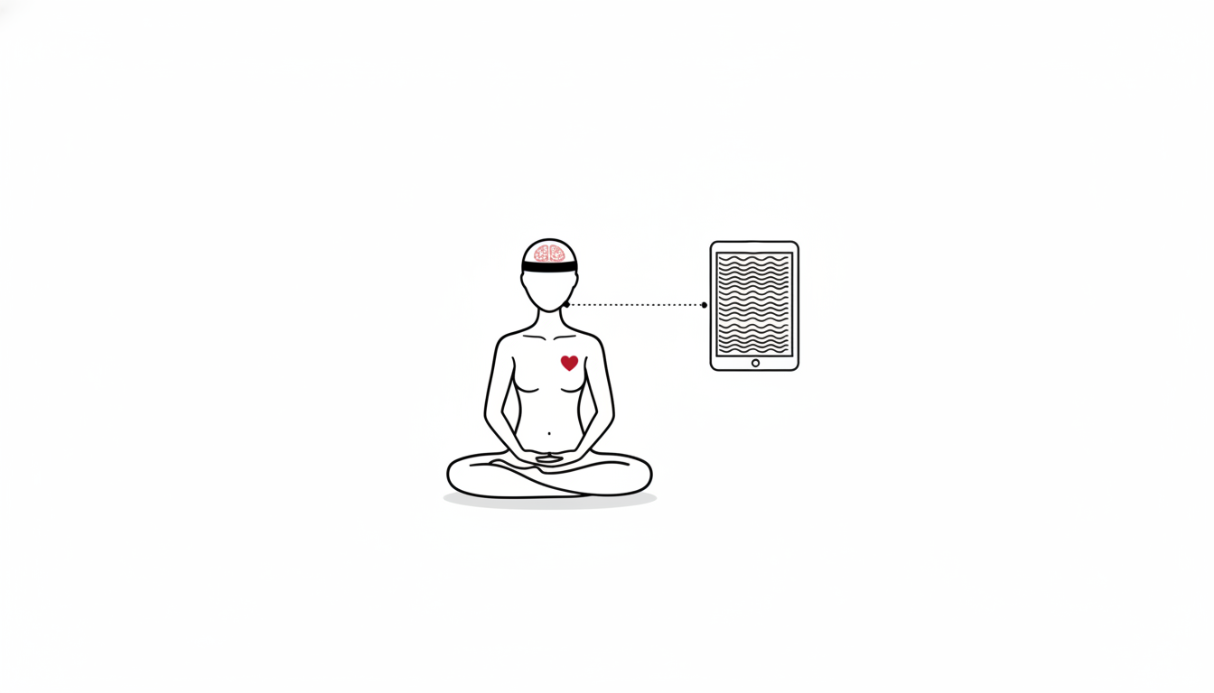 ヘッドバンドを着けた人型と、その隣で波形を細かく表示する端末の線画イラスト