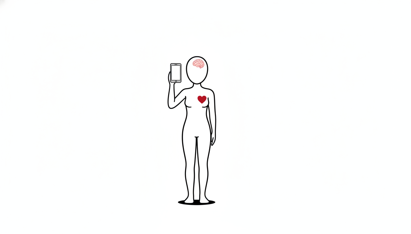 スマートフォンを頭に近づけてみるものの、波形が出てこない無機質な人型の線画イラスト