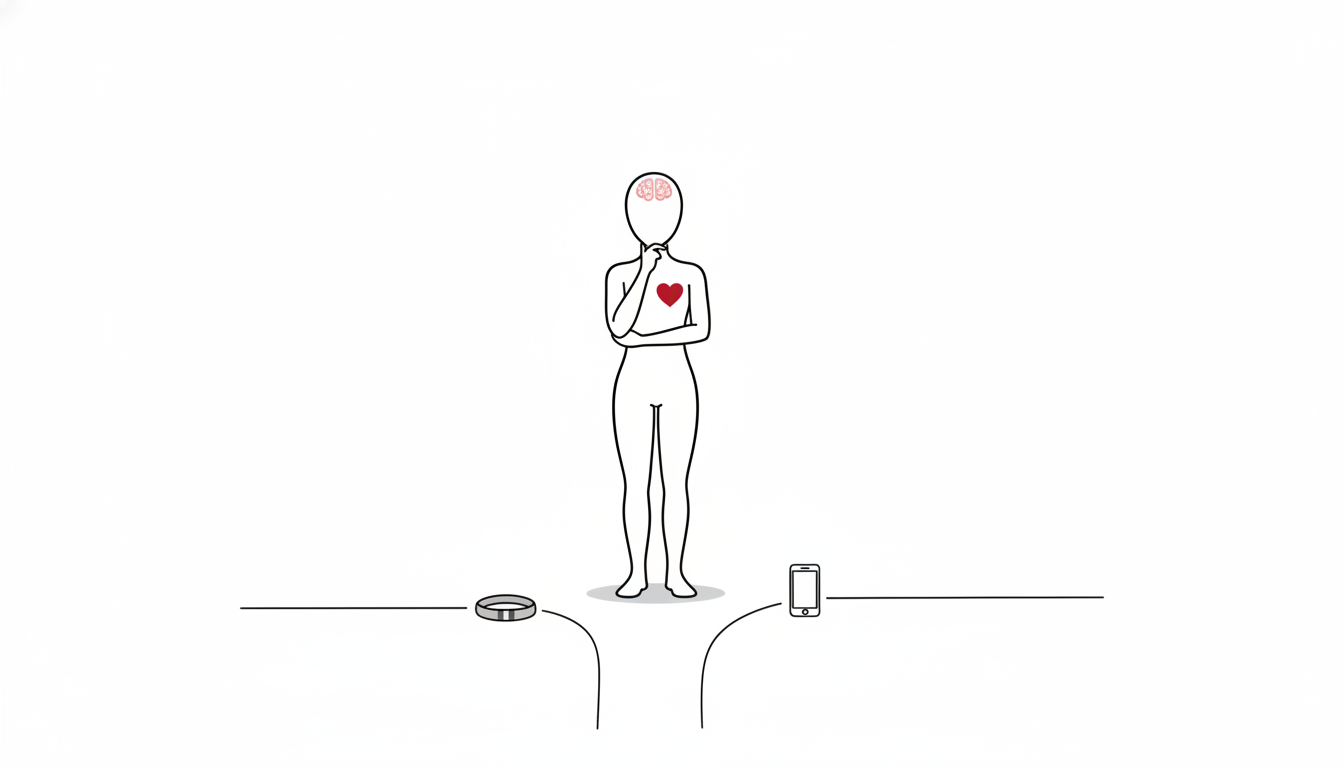 2つの道の前で立ち止まっている無機質な人型の線画イラスト