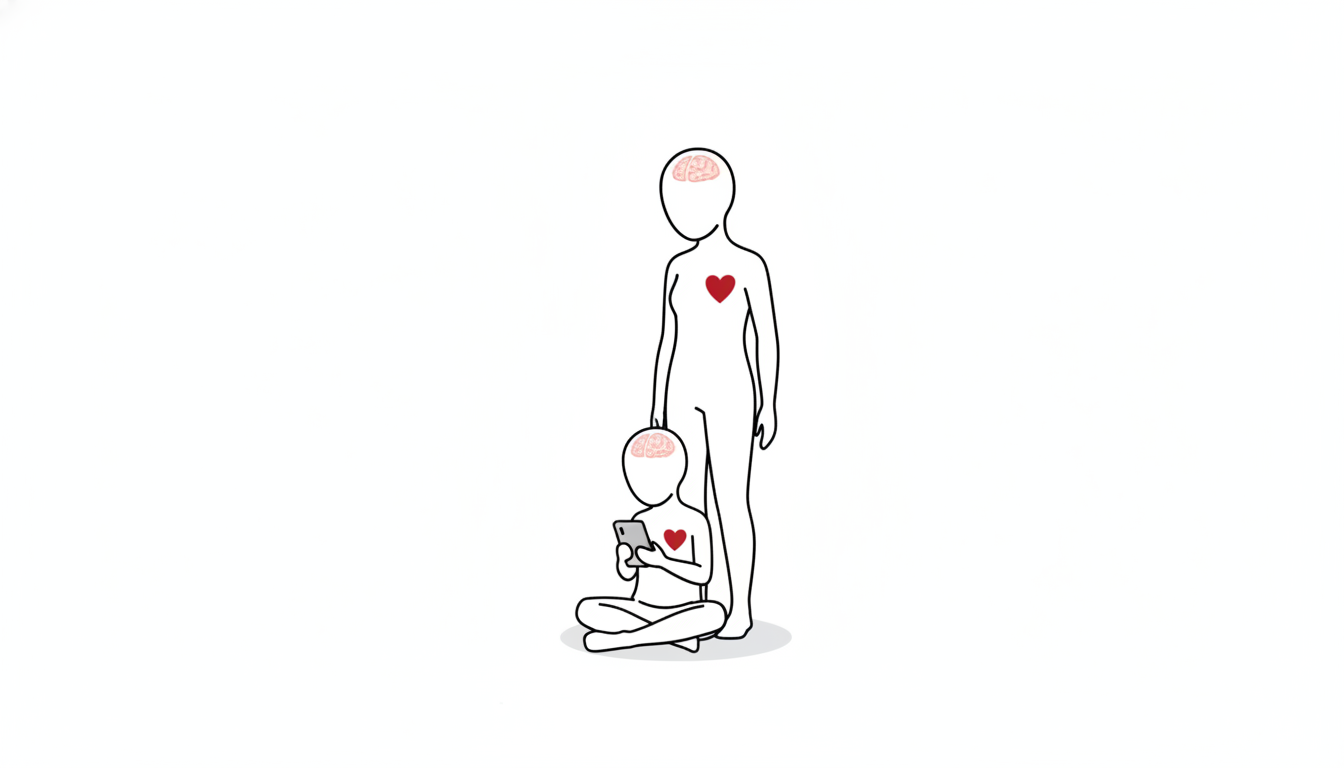 小さな人型が床に座ってスマートフォンを見つめ、そばで大きな人型が静かに立っている線画イラスト