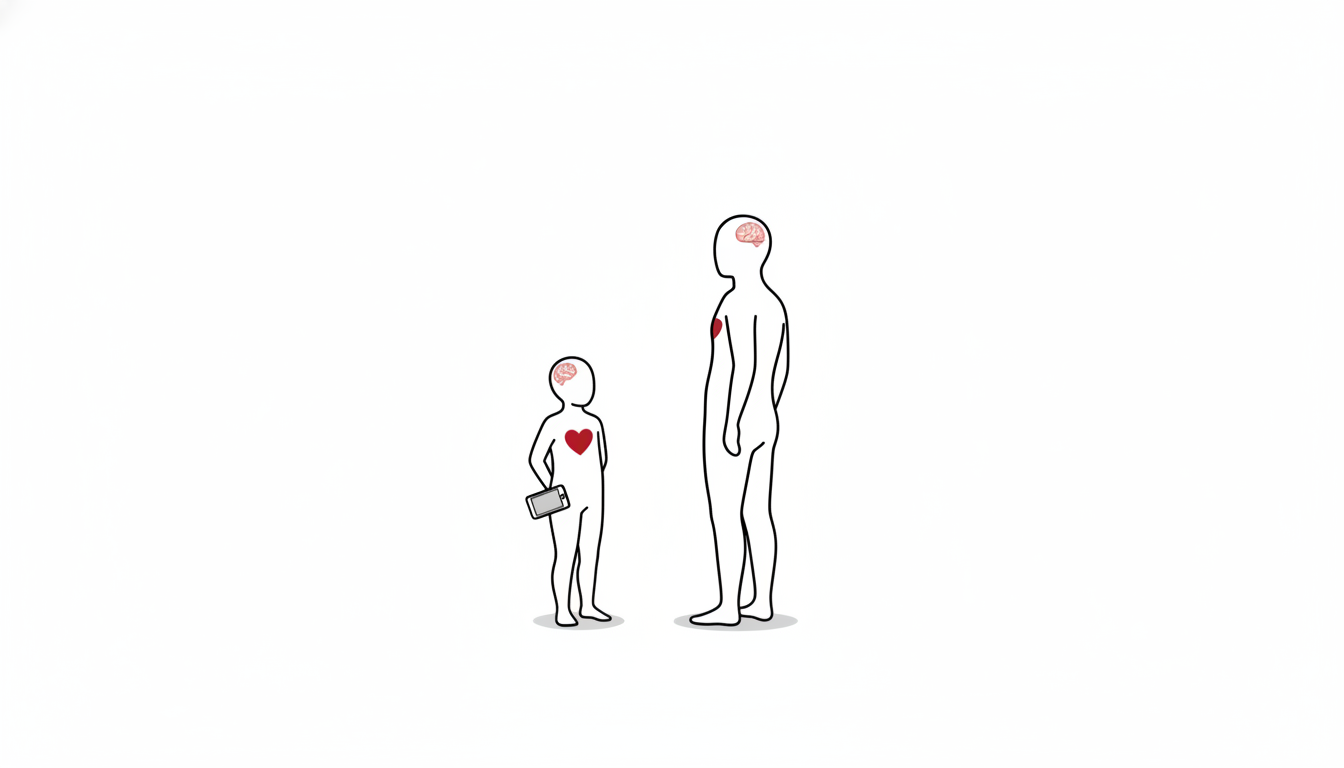 小さな人型が背中の後ろにスマートフォンを隠し、大きな人型が反対を向いている線画イラスト