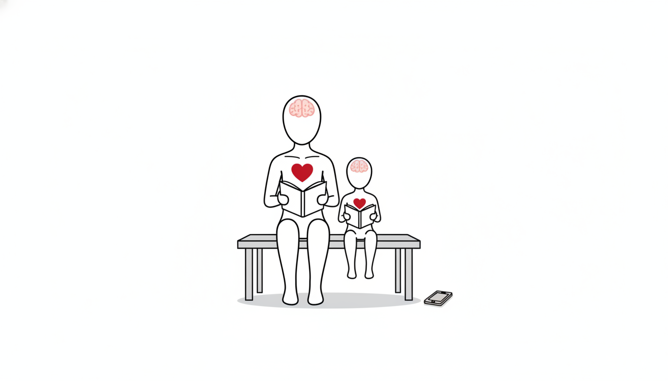 大きな人型と小さな人型が並んで座り、それぞれ本を開いていて、スマートフォンは遠くに伏せてある線画イラスト