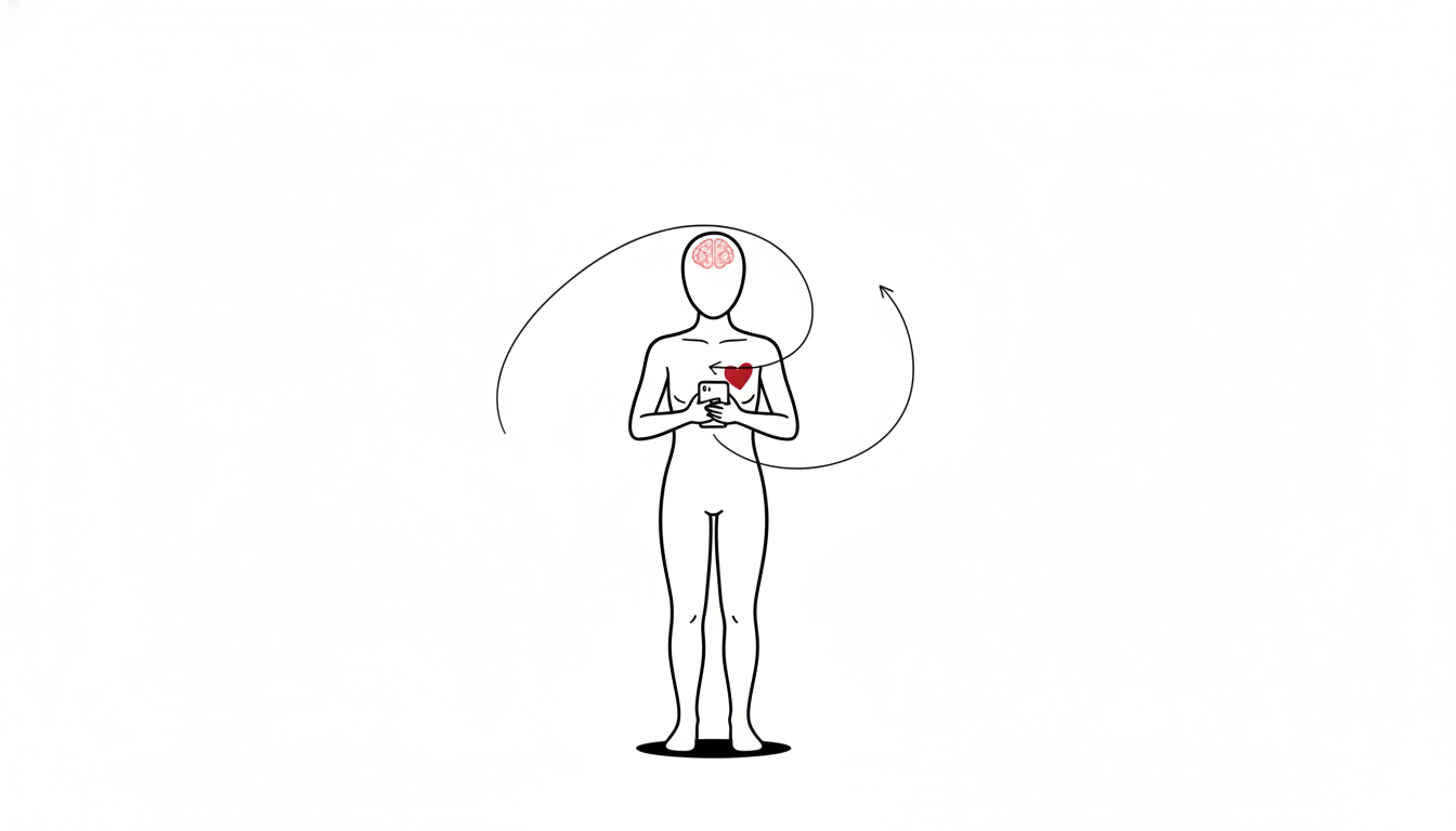 スマートフォンから出た矢印が、同じスマートフォンに戻ってくる無機質な人型の線画イラスト