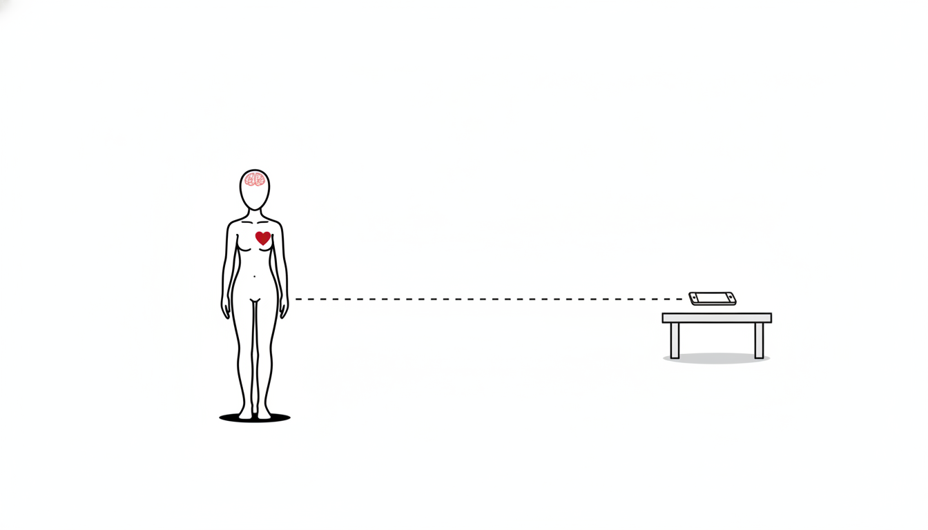 人型と、遠くの台に置かれたスマートフォンのあいだに点線が引かれた線画イラスト