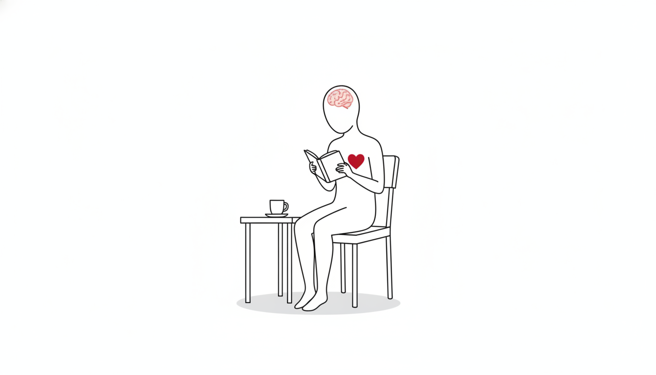 椅子に座って本を読む無機質な人型の線画イラスト。スマートフォンはどこにもない