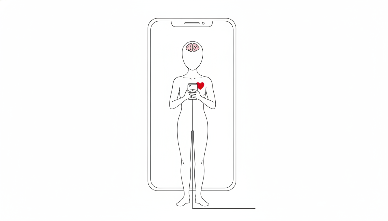 スマートフォンを手にした無機質な人型の背後に、下端まで途切れずに続くスクロール線が描かれた大きな画面の線画イラスト