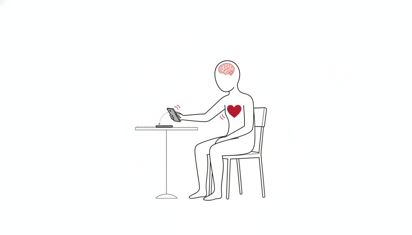 椅子に座った無機質な人型が、机の上のスマートフォンへ反射的に手を伸ばす線画イラスト