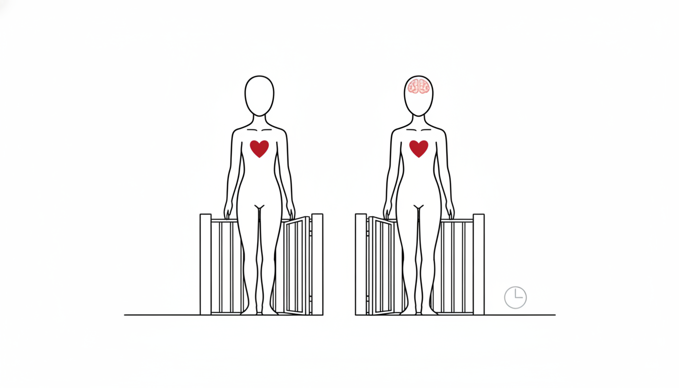 閉じた門の前に立つ人型と、開いた門の横に小さなダイヤルがある人型が並ぶ線画イラスト