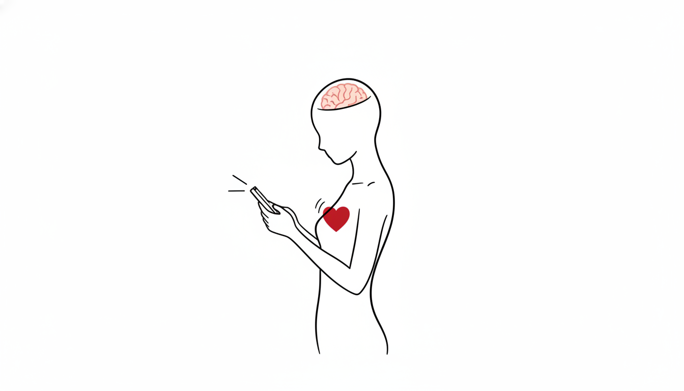 スマートフォンから脳へ光が届き、ハートが速く打つ無機質な人型の線画イラスト