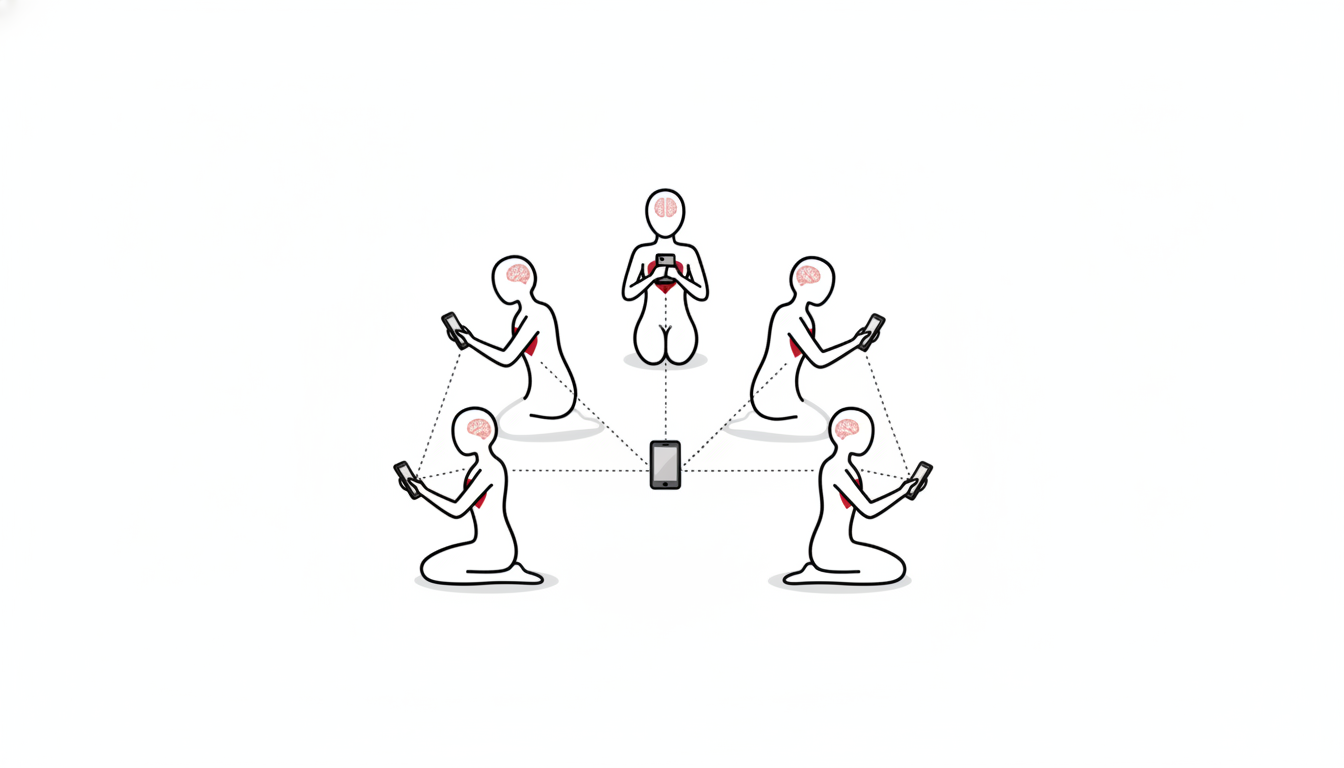 スマートフォンを持つ5体の人型が点線でつながり、言葉が広まっていく線画イラスト