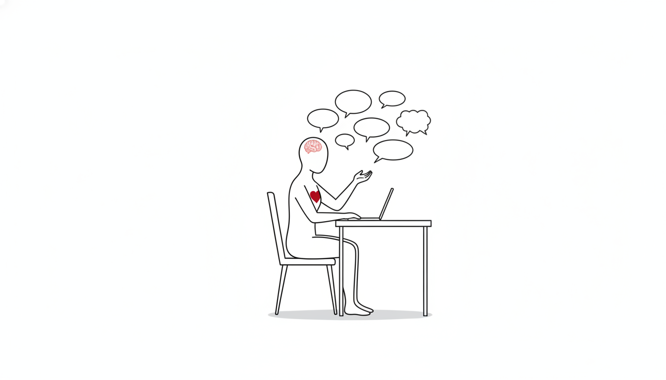 机に向かい、大きさの違う吹き出しを整理している無機質な人型の線画イラスト