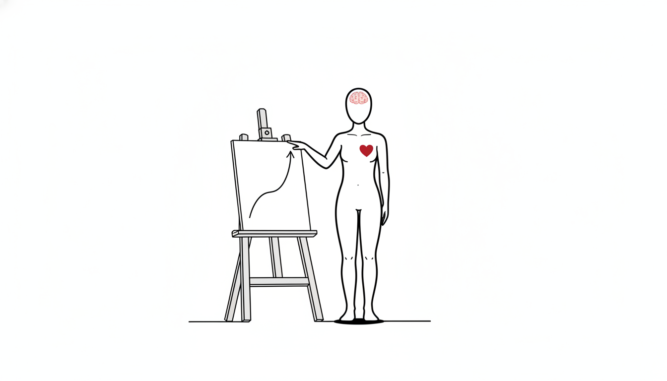 グラフの山を指さす無機質な人型の線画イラスト