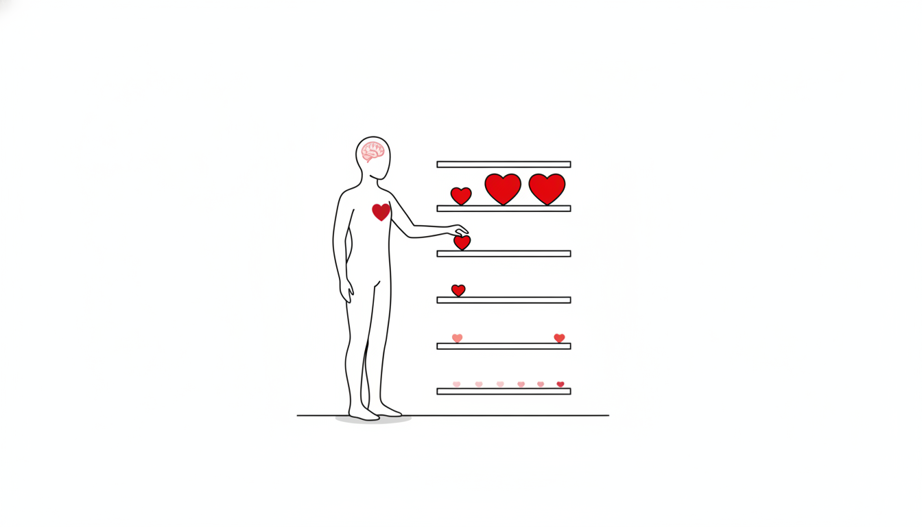 曲を格付けする遊びを表す線画。白い人型が段になった棚にハートを並べ、上の段ほどハートが大きい