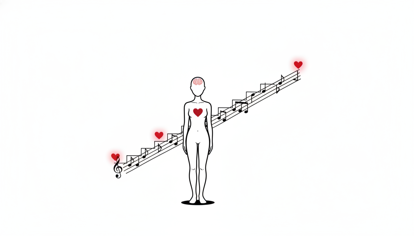 転調で期待が再点火する様子を表す線画。白い人型の頭上に階段状に上がる音符の並びがあり、段が変わるたびに小さな赤いハートが灯る