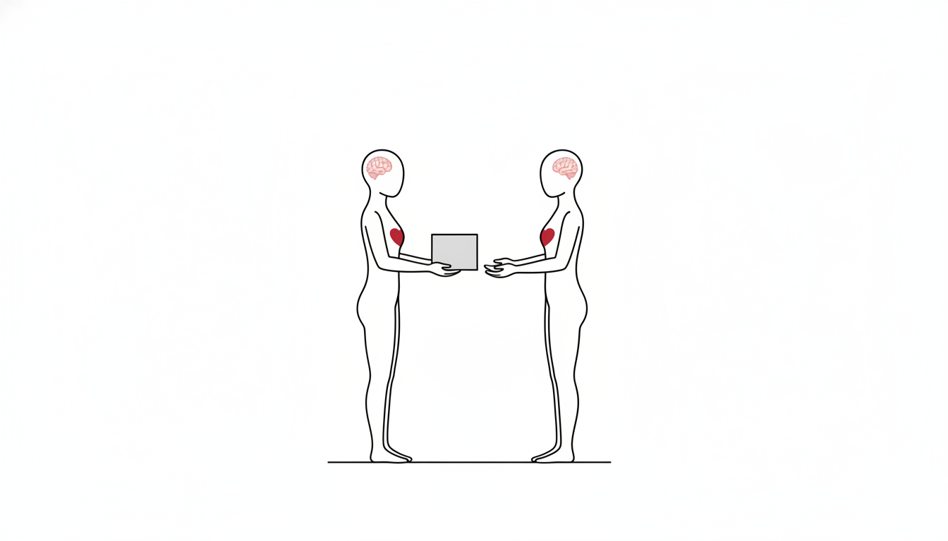 箱を手渡している2体の無機質な人型の線画イラスト