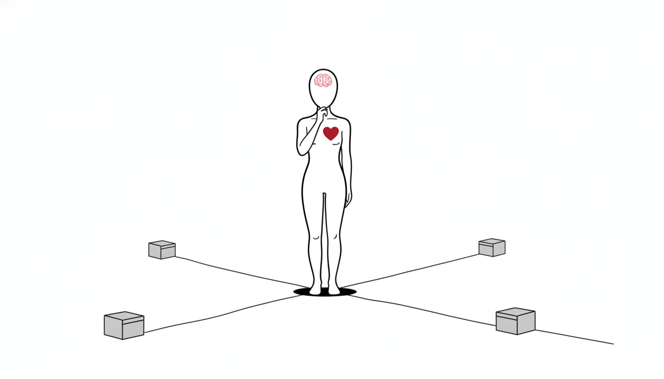 3つの分かれ道の前に立つ無機質な人型の線画イラスト