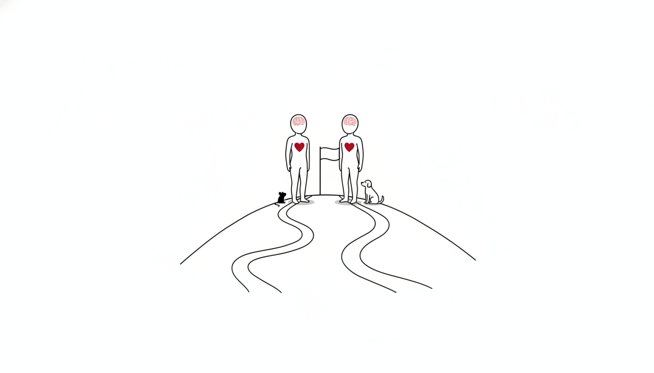 別々の山道を登ってきた2人の無機質な人型が、同じ頂上の旗の前で出会う線画イラスト
