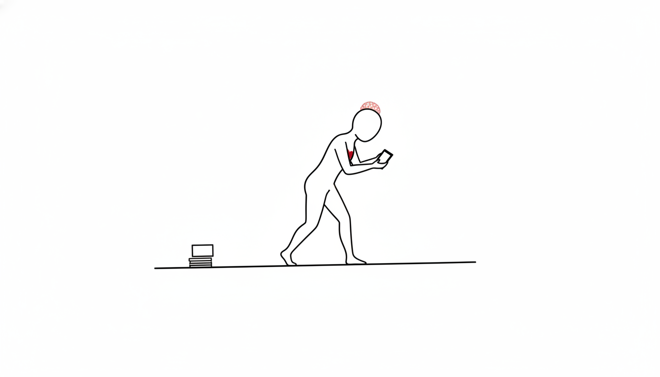 右下がりの線の上でスマートフォンを持ち、左上に置いてきたカードの山へ戻ろうと前のめりになっている無機質な人型の線画イラスト