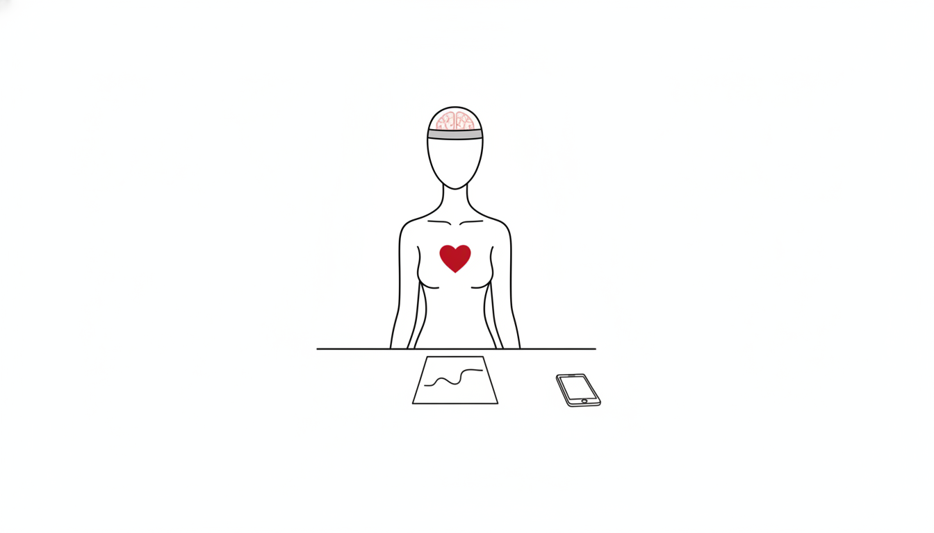 ヘッドバンドをつけて目を閉じ、穏やかな波形の紙が机に置かれている無機質な人型の線画イラスト