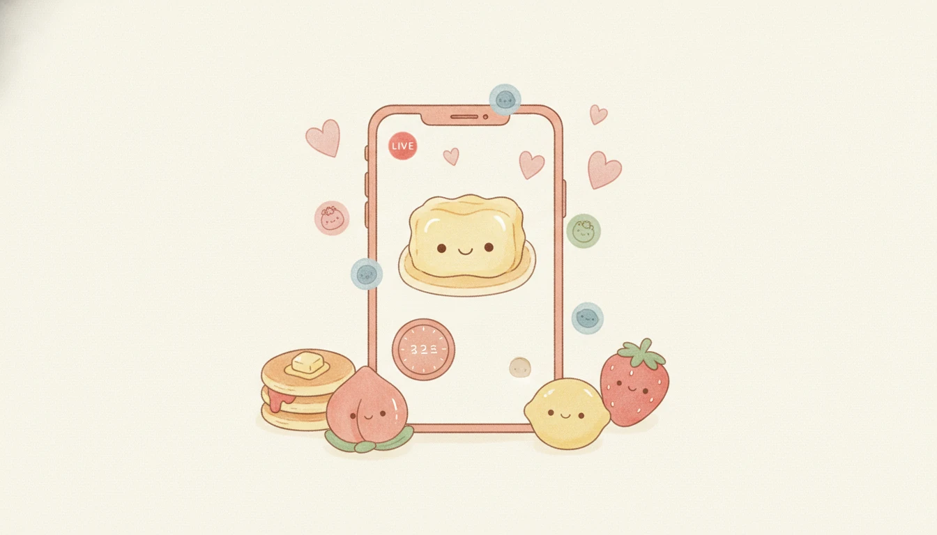 スマートフォンのライブ配信で柔らかいおもちゃが売られている手描きイラスト