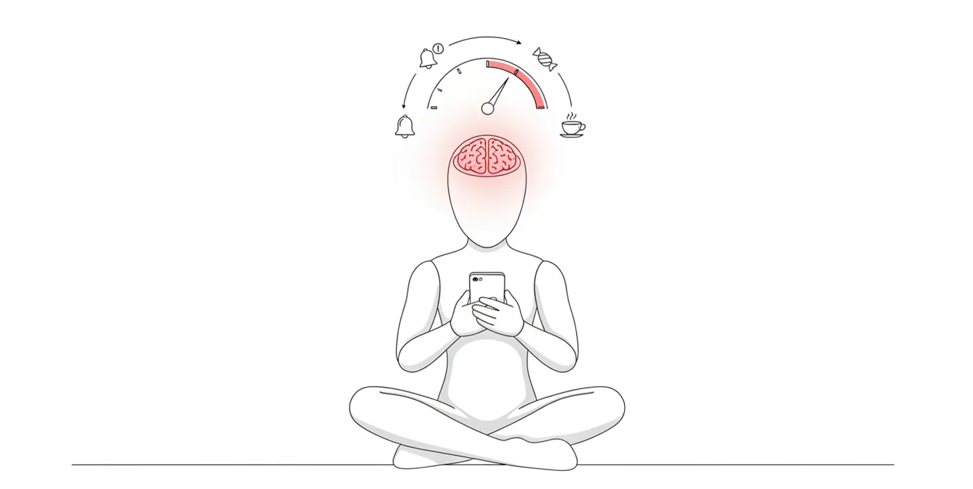 スマホを持って座る人型の頭上に、通知・お菓子・コーヒーの目盛りが並ぶメーターが浮かんでいる線画