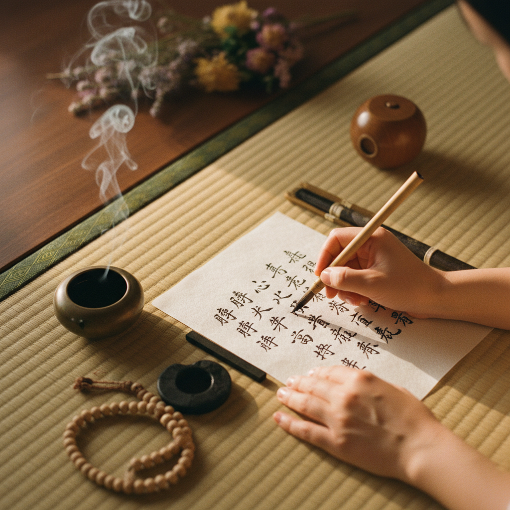 墨で文字を書く写経の手元